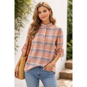 Land N Sea 1980 Short Sleeve Plaid Lightweight Blouse Size L Vintage Hippie Boho